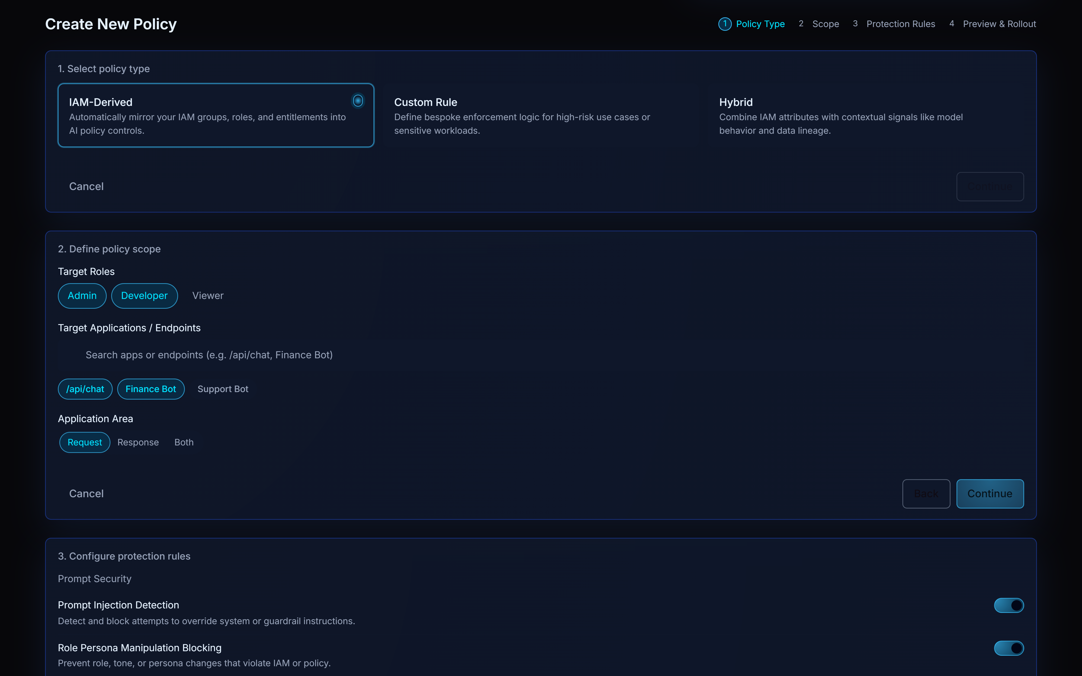 TrampolyneAI policy creation UI